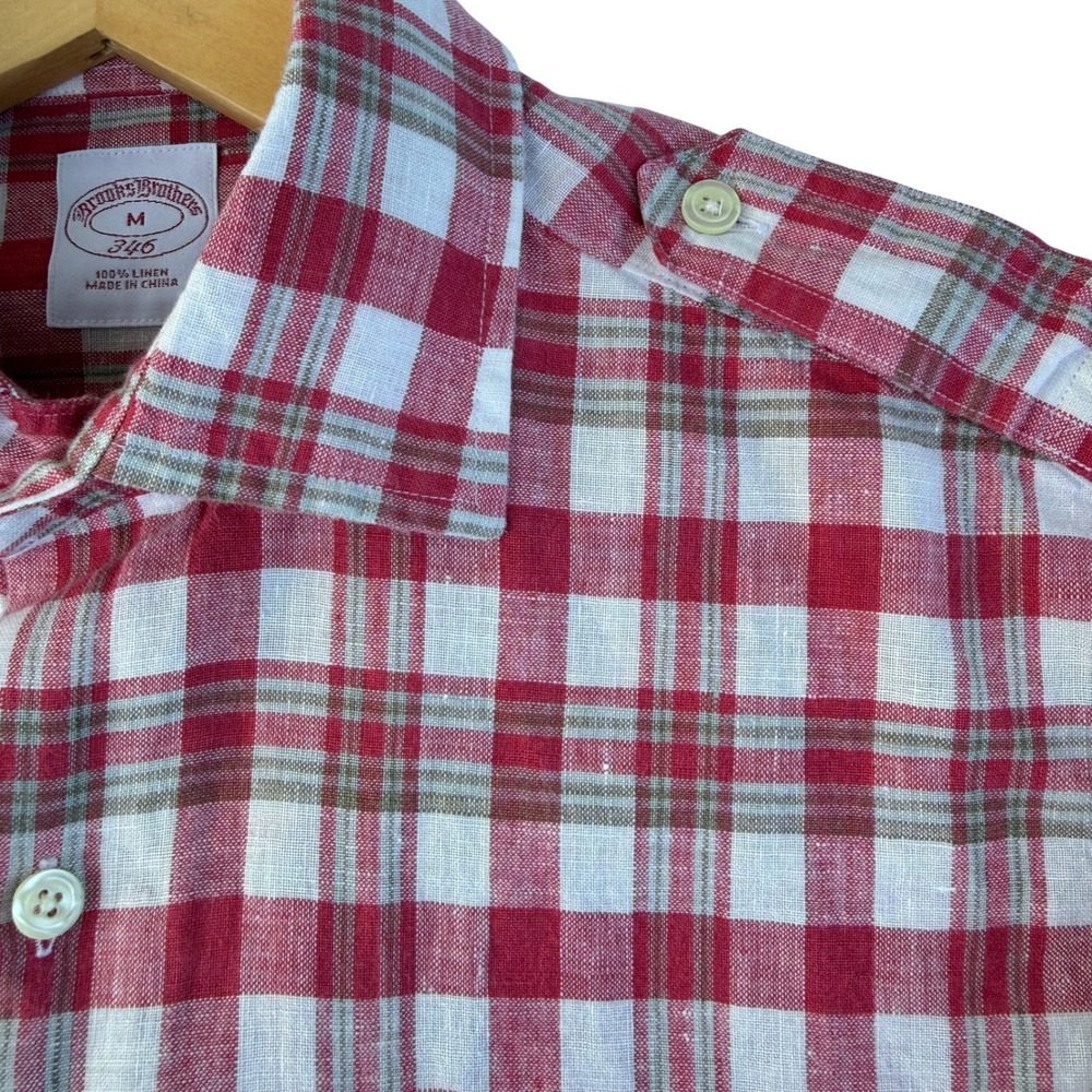 Brooks Brothers 346 Mens Medium Linen Button Up Shirt Red Gingham Classic Preppy